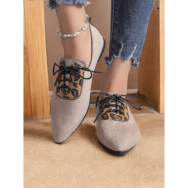  scarpe oxford in pelle scamosciata con pannello leopardato da donna – ballerine stringate con punta affilata per outfit casual ed eleganti