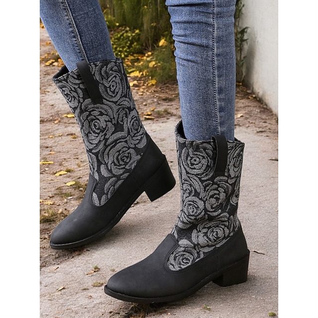  dámské westernové boty z černého denimu a umělé kůže s květinovou výšivkou - kovbojský styl do půli lýtek pro běžné i venkovní nošení