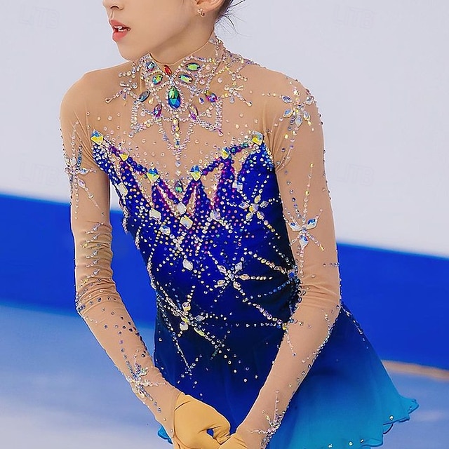  Figure Skating Dress Women's Girls' Ice Skating Dress Blue Patchwork Thumbhole Mesh Spandex Stretchy Training Practice Professional Skating Wear Thermal Warm Crystal / Rhinestone Long Sleeve Ice