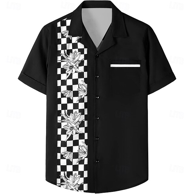 Men's Floral Plaid Bowling Shirt Button Up Shirt Short Sleeve Casual Athleisure Summer Spring Cuban Collar Button Up Pocket Black4