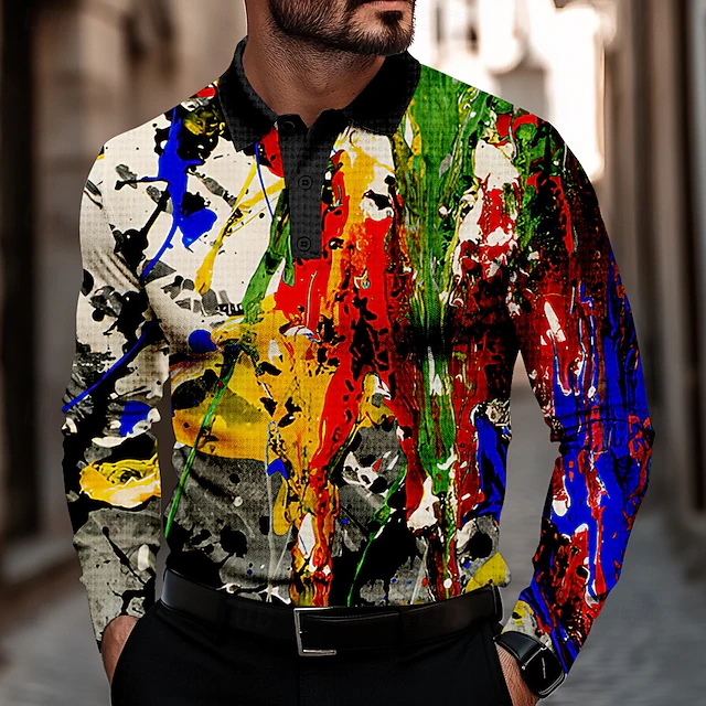 Men's Splash Ink Waffle Polo Shirts Golf Shirt Long Sleeve Polo Shirts Collared Shirts Casual Outdoor Party Evening Wear Street Dailywear Buttons 3D Print Spring Fall Winter Multi Color4
