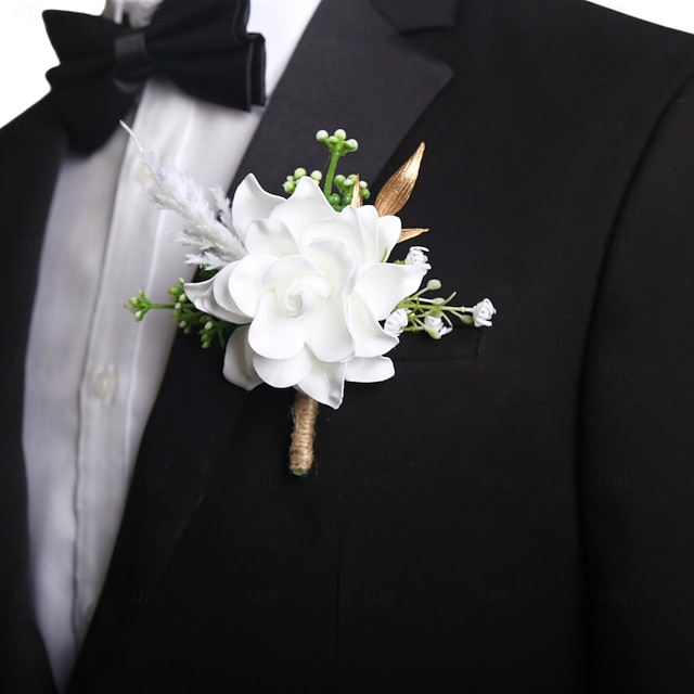  Mäns bröllops boutonniere vita boutonniere för brudgum och marskalker blommor sommar bröllopsaccessoarer dräktsdekorationer