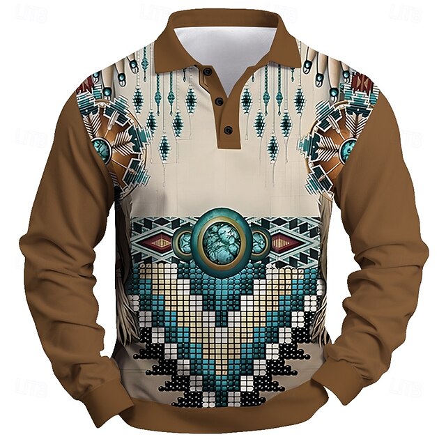 Men's Ethnic Polo Shirts Golf Shirt Long Sleeve Polo Shirts Collared Shirts Vintage Casual Festival Wear Party Outfits 3D Print Buttons Spring Fall Winter Brown4