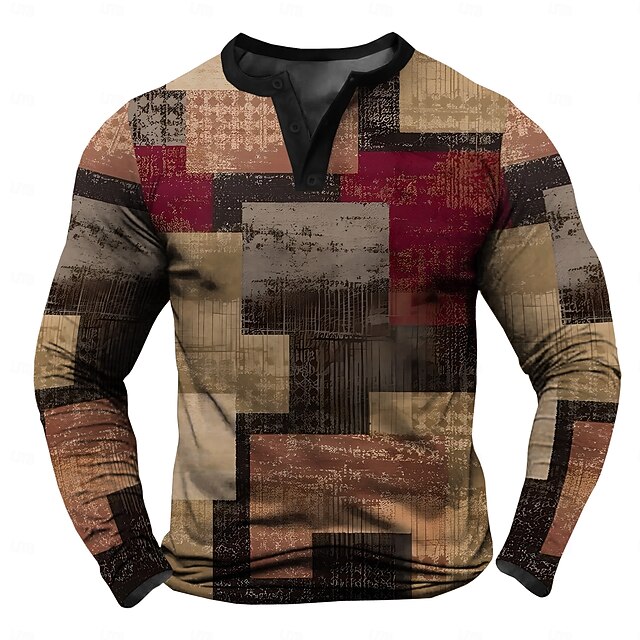 Men's Color Block Henley Shirt Long Sleeve Shirt Long Sleeve 3D Printing Fashion Daily Casual Street Casual Daily Winter Spring &  Fall Khaki Henley Collar Button Henley Henley T-Shirt4