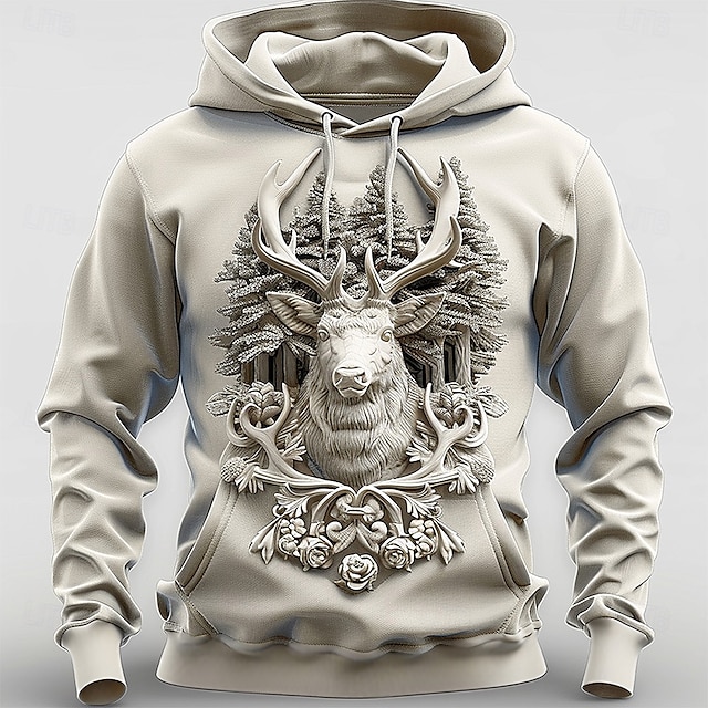  Homens Veado Moletons Moletom Casacos Moletom com capuz Gola Redonda Moda Impressão 3D Festa Feriado Streetwear Branco Com Cordão Outono Inverno Designer