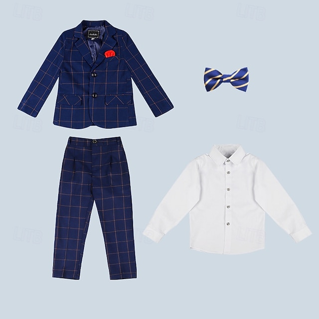  3/4/5 stuks Ringdragerkostuums Jongens Kinderen Pak Formeel pak Blazer & Vest & Broek Formeel Feest Valentijnskaarten Modieus Stoer Ruitjes Zak Marineblauw Polyester