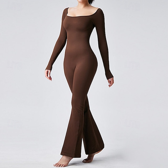  Dam Jumpsuit Träningsdräkt Onesie Utsvängda byxben Ensfärgat Kroppsdräkt Byxdress Svart Kaffe Yoga Kondition Gymträning Andningsfunktion Mjuk Långärmad Sport Sportkläder Elastisk Smal