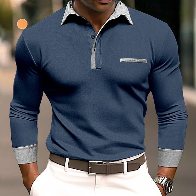  Herren Poloshirts Golf Poloshirts Strasse Geschäft Kargen Klassisch Langarm Modisch Basic Patchwork Tasche Farbblock Herbst Winter Jahreszeiten Regular Fit Hellblau Babyblau Schwarz Weiß Burgunderrot