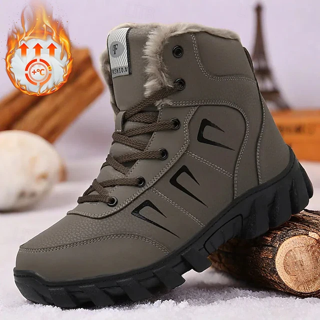 Men's Khaki Winter Hiking Boots – Fur-Lined Warm Outdoor Boots with Durable Non-Slip Sole for Cold Weather 26