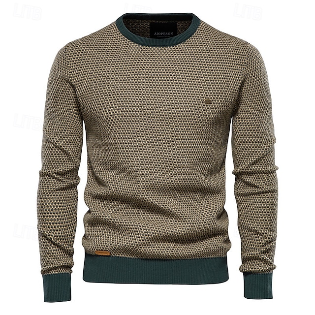  Herr Tröja Pullover tröja Stickat Ribbad Sticka Vanliga toppar Färgblock Rund hals Stickat Neutral Utomhus Kläder Vår & Höst Svart Rubinrött S M L