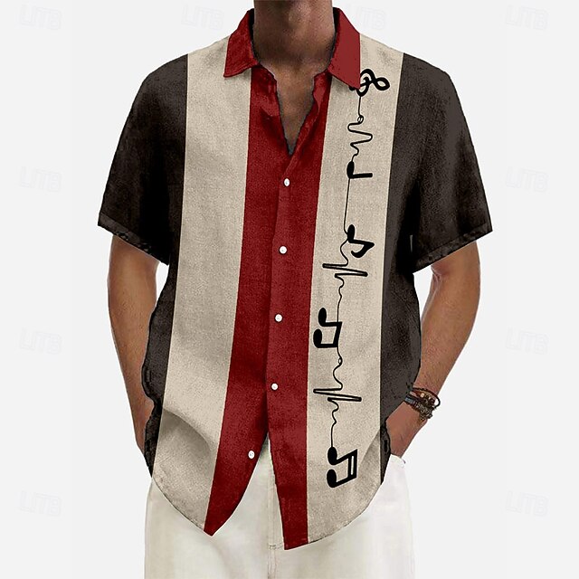 Men's Musical Notes Shirt Bowling Shirt Button Up Shirt Short Sleeve Sporty Outdoor Causal Summer Turndown Red4