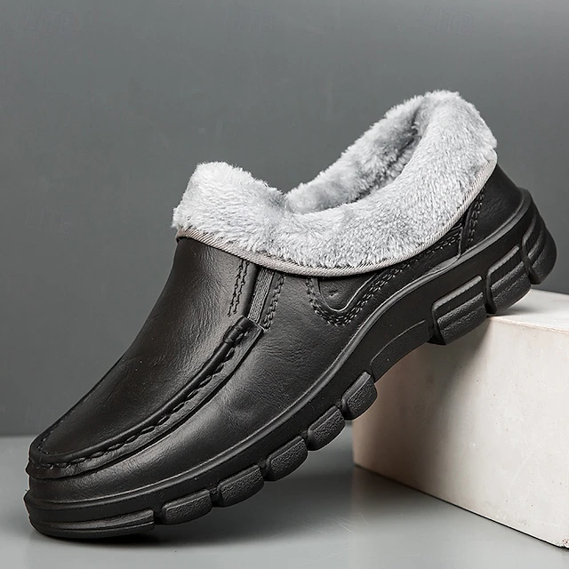 Men's Black Faux Leather Slip-on Shoes with Fur Lining - Warm and Comfortable for Winter 25