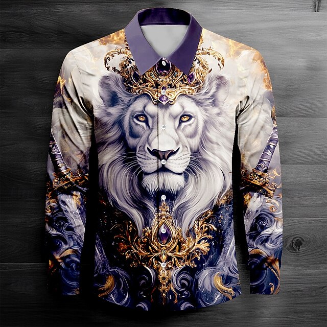 Men's Tiger Tiaras & Crowns Button Up Shirt Long Sleeve Fashion Casual Party Evening Wear Street Daily Fall Winter Spring & Summer Shirt Collar Button Up 3D Print White4