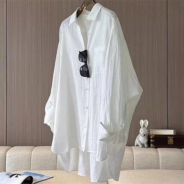 Women's Shirt Cotton Linen Shirt Daily Stylish Casual Long Sleeve Shirt Collar White Spring & Fall 9