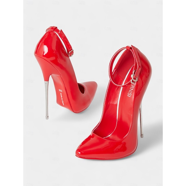 Women's Red Patent Leather Stiletto High Heel Pumps with Ankle Strap ...