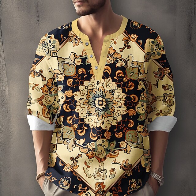 Men's Floral Shirt Button Up Shirt Henley Shirt Long Sleeve Vintage Casual Vacation Daily Beach Wear Summer Spring Fall Collarless V Neck 3D Print Buttons Khaki4