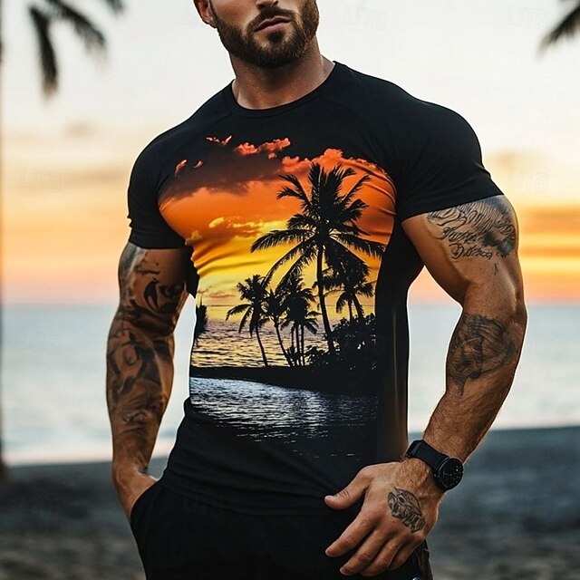 Men's Landscape Palm Tree T Shirt Short Sleeve T shirt 3D Print Crew Neck Shirt Fashion Athleisure Street Daily Hawaiian Black Summer Spring Clothing Apparel S M L XL XXL XXXL4