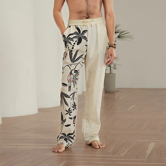 Men's Coconut Tree Graphic Prints Linen Pants Trousers Summer Pants Mid Waist Streetwear Hawaiian Designer Casual Daily Holiday Drawstring Elastic Waist 3D Print Spring & Summer 3D Print Blue Khaki 10
