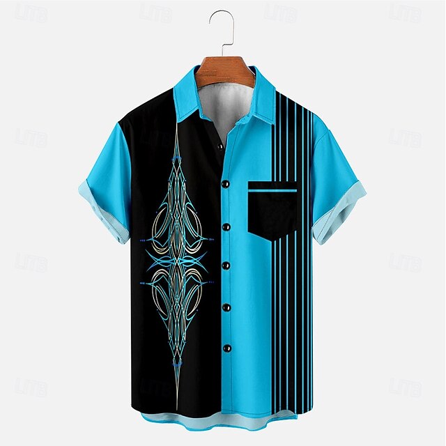 Men's Curve Pinstripe Bowling Shirt Button Up Shirt Short Sleeve Casual Casual Athleisure Summer Spring Turndown Pocket Blue4
