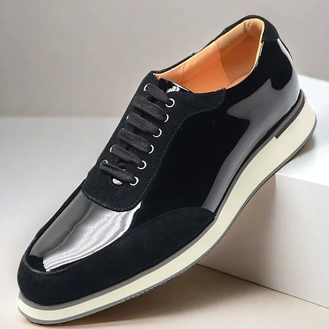 Men's Black Lace-Up Shoes in Patent Leather and Suede with White Sole – Premium Cowhide Dress Shoes for Stylish Casual and Formal Wear 11