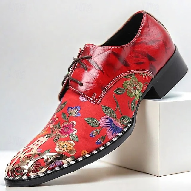  Men's Red Floral Lace-Up Oxford Shoes – Premium Cowhide Leather with Metal Toe Cap, Stylish Design for Weddings, Parties, and Special Occasions