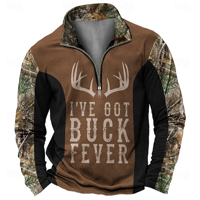 Men's Letter Printed Deer Golf Shirt Long Sleeve Polo Shirts Collared Shirts Vintage Casual Outdoor Street Dailywear 3D Print Spring Fall & Winter Brown4