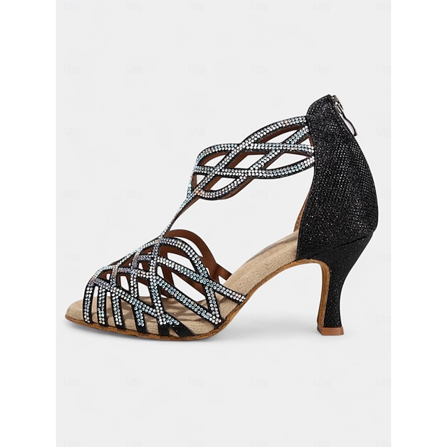  sandales de danse noires à strass pour femmes avec design à lanières et talon moyen – parfaites pour la danse de salon, la salsa et la danse latine
