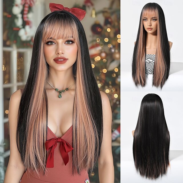  Perucas sintéticas Uniformes Trajes de carreira Princesa Liso Kinky Liso Parte do meio Corte em Camadas Com Franjas Fabrico à Máquina Peruca 26 polegadas Preto Cabelo Sintético Mulheres Fantasias