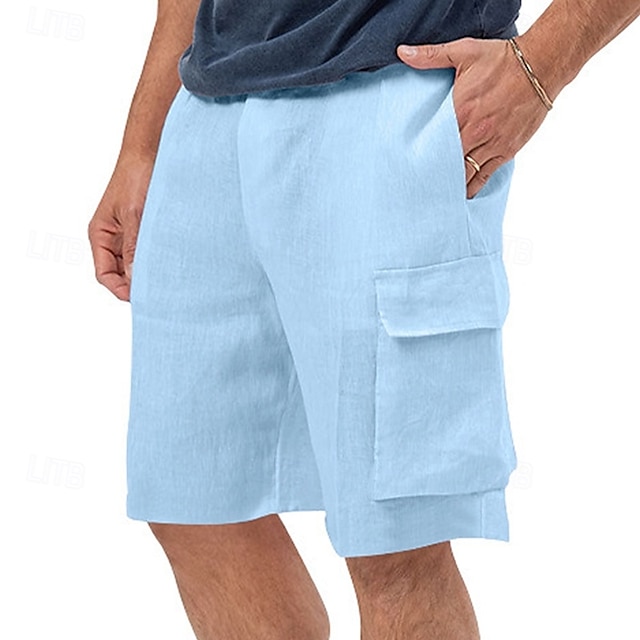  Men's Cargo Shorts Shorts Linen Shorts Summer Shorts Beach Shorts Drawstring Elastic Waist Multi Pocket Plain Comfort Breathable Knee Length Outdoor Daily Going out Classic Style Casual Black White