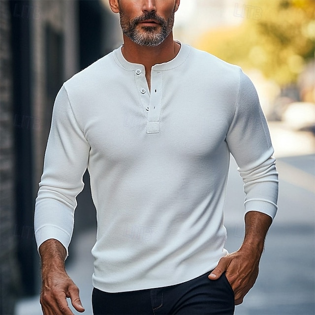  Pánské Tričko Tričko Henley Pevná barva Henley Běžný Venkovní Ležérní Dlouhý rukáv Knoflíky Oblečení 100% bavlna Úplet Denní