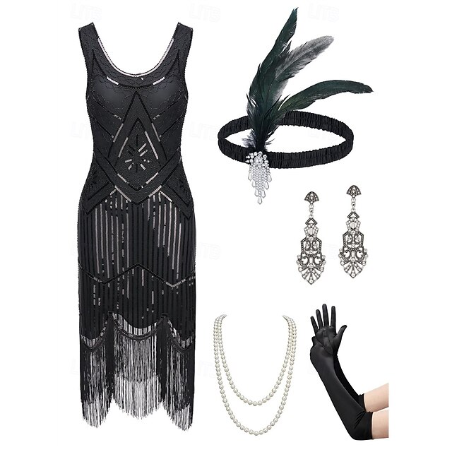  Anos 20 Vestido Coquetel Vestido antigo Meio-dia Vestido melindroso Roupa Vestido Coquetel O Grande Gatsby Menina melindrosa Convidado do casamento Paetês Pena Franja Mulheres Fantasia de Carnaval 7