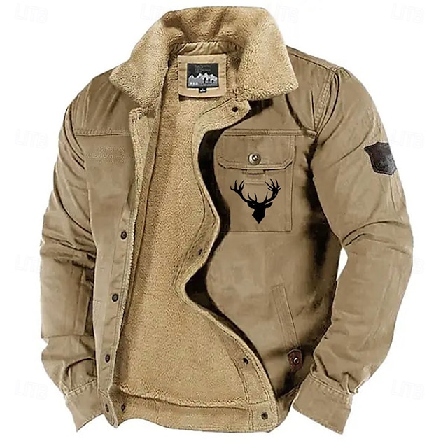  Men's Reindeer Print Embroidered Fleece Jacket Sherpa Hunting Jacket Work Cargo Jacket Turn-Down Collar Warm Winter Cotton Jacket Vintage Casual Going Out Coat Multi-Pockets