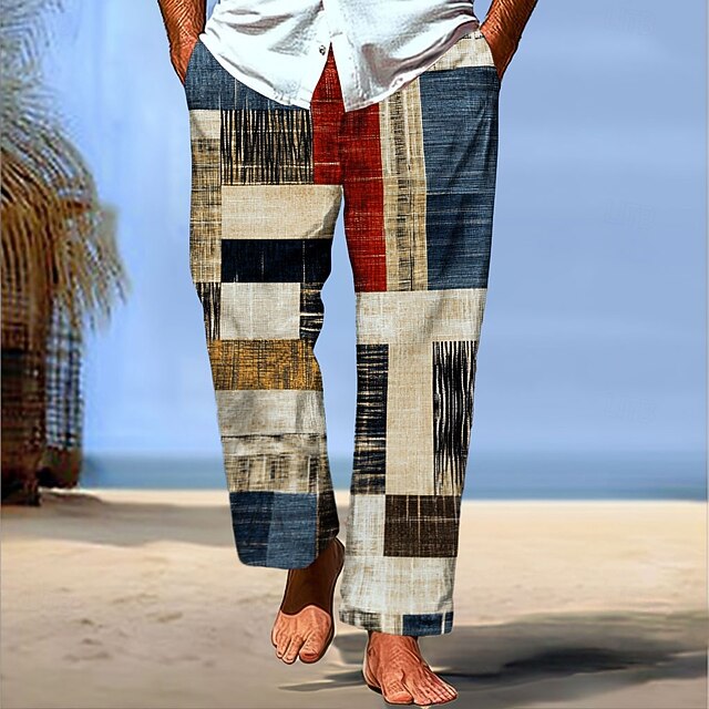 Men's Plaid Color Block Patchwork Pants Trousers Mid Waist Drawstring Elastic Waist Hawaiian Casual Outdoor Holiday Beach Wear Straight Leg Trousers Summer Spring Fall 3D Print Blue4