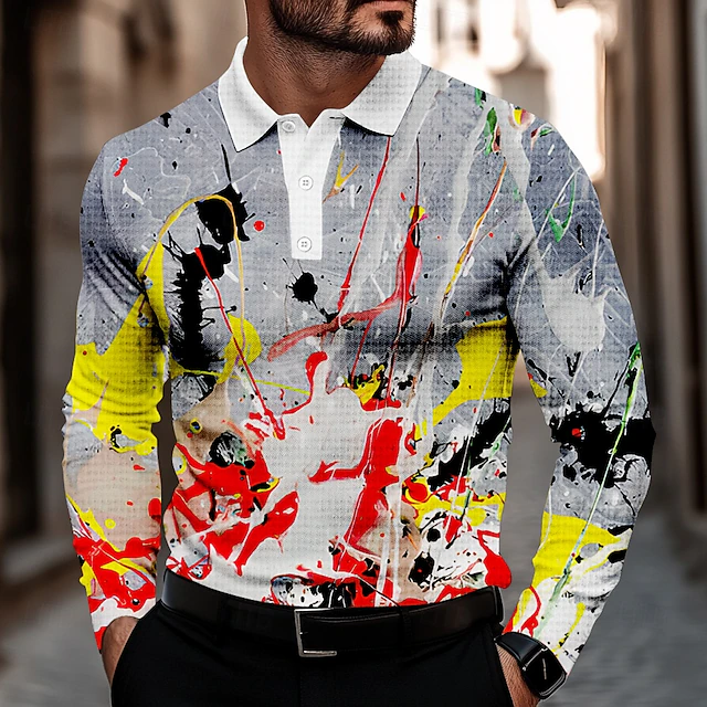 Men's Splash Ink Waffle Polo Shirts Golf Shirt Long Sleeve Polo Shirts Collared Shirts Casual Street Dailywear Athleisure Buttons 3D Print Spring Fall Winter Gray4