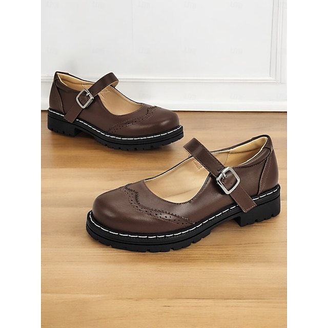  scarpe mary jane marroni da donna con dettagli brogue, cinturino con fibbia e suola spessa antiscivolo: calzature casual retrò da indossare tutti i giorni