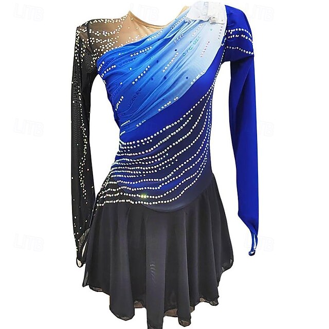 Figure Skating Dress Women's Girls' Ice Skating Dress Blue Black Patchwork High Elasticity Training Competition Skating Wear Classic Crystal / Rhinestone Long Sleeve Ice Skating Figure Skating4