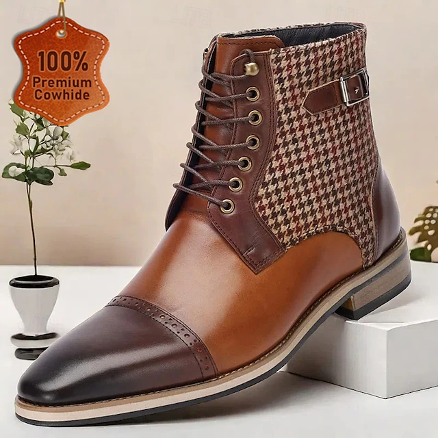 Men's Premium Cowhide Leather Ankle Boots – Vintage Houndstooth Pattern with Buckle Detail, Stylish Dress Boots for Formal and Casual Wear 9
