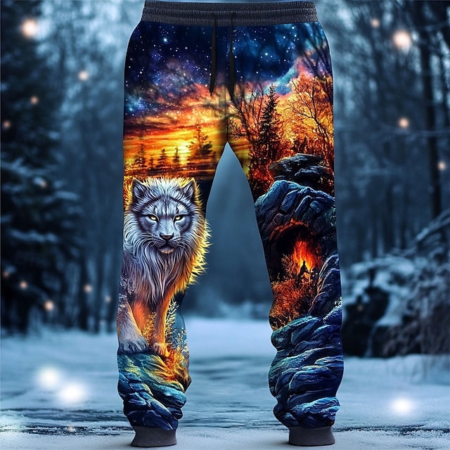  Herr Lejon Joggingbyxor Joggare Byxor Medium Midja Dragsko Elastisk midja Mode Ledigt Festkvällskläder Gata Vardag Ficka Vår Höst Vinter 3D-tryck Blå