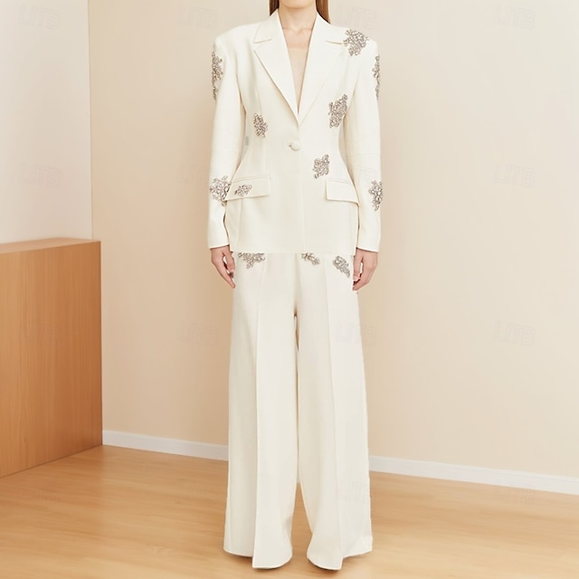  Hosenanzug Weiß Tuxedo Tuxedo Kleid Zweiteiliges Anzug Abendkleid Elegant Formal Hochzeit Bodenlänglich Langarm Hemdkragen mit Glitzer Quaste 2025