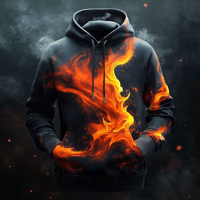 Homens Labareda Moletons Moletom Moda Legal Manga Longa Gola Redonda Festa Feriado Streetwear Preto Cinzento Preto Com Cordão Outono Inverno Designer