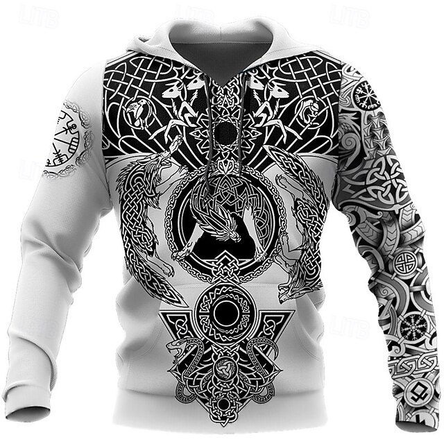 Men's Graphic Prints Viking Hoodie Hoodies Sweatshirt Streetwear Designer Long Sleeve Hooded Daily Sports Gray Print Spring &  Fall Designer4