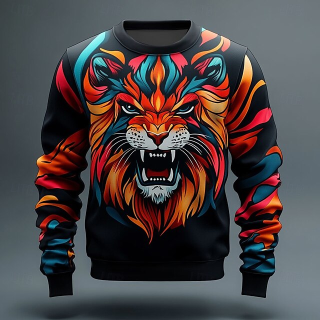  Homens Leão Desenhos 3D Moletom Moletom Manga Longa Moletom Gola Redonda Moda Legal 3D Impressão 3D Férias Festa Para Noite Crewneck Impressão 3D 3D Inverno Primavera & Outono