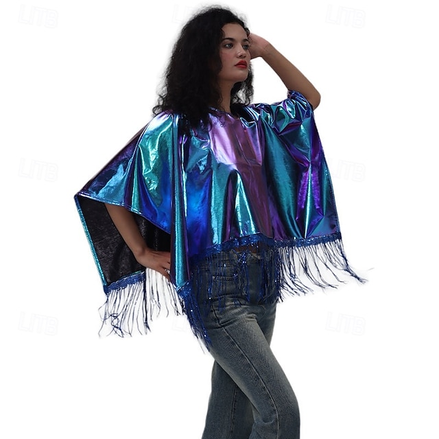  Anos 80 Hip pop Metálico Brilhante Capa Hippie Franja Fantasia Mulheres Fantasia de Carnaval Carnaval Espetáculo Festa Parada do Orgulho Adulto Capa