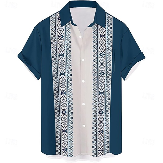 Men's Ethnic Bowling Shirt Button Up Shirt Short Sleeve Casual Casual Athleisure Summer Spring Turndown Pocket Blue4