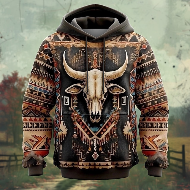  Men's Tribal Hoodies Sweatshirt Outerwear Hooded Sweatshirt Crew Neck Fashion 3D Print Party Holiday Streetwear Brown Drawstring Fall Winter Designer