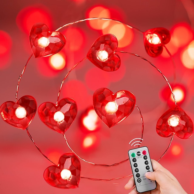  エレガントなウェディングレセプションパーティー 3m 30個のLEDバレンタインデーレッドハートストリングライト リモコン付き 結婚式用8モード&お祝いの装飾 AAA電池駆動