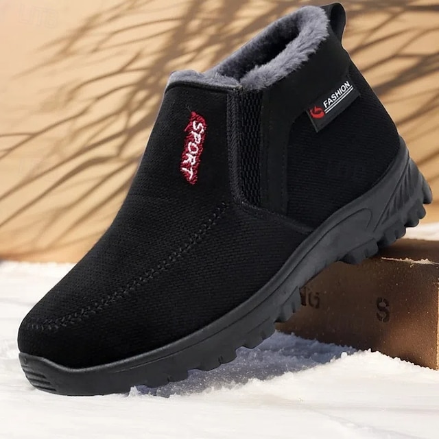  Men's Black Winter Slip-On Boots with Faux Fur Lining, Waterproof Fabric, and Anti-Slip Sole – Perfect for Outdoor Wear