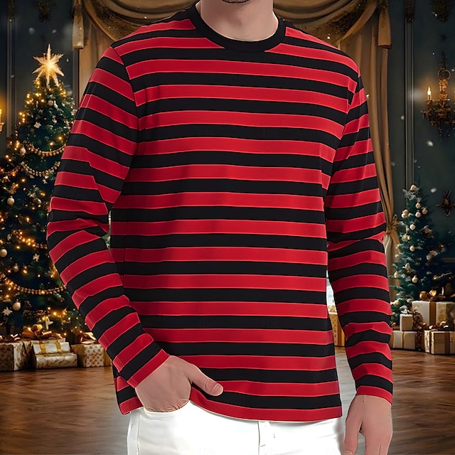 Weihnachten Herren Gestreift T Shirt Langarm T-Shirt 3D-Druck Rundhalsausschnitt Hemd Täglich Designer Brautkleider schlicht Strasse Casual Rote Sommer Frühling Herbst Bekleidung S M L XL XXL XXXL