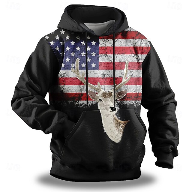  Homens American US Flag Moletons Casacos Moletom com capuz Gola Redonda Moda Impressão 3D Feriado Para Noite Streetwear Preto Com Cordão Outono Inverno Designer