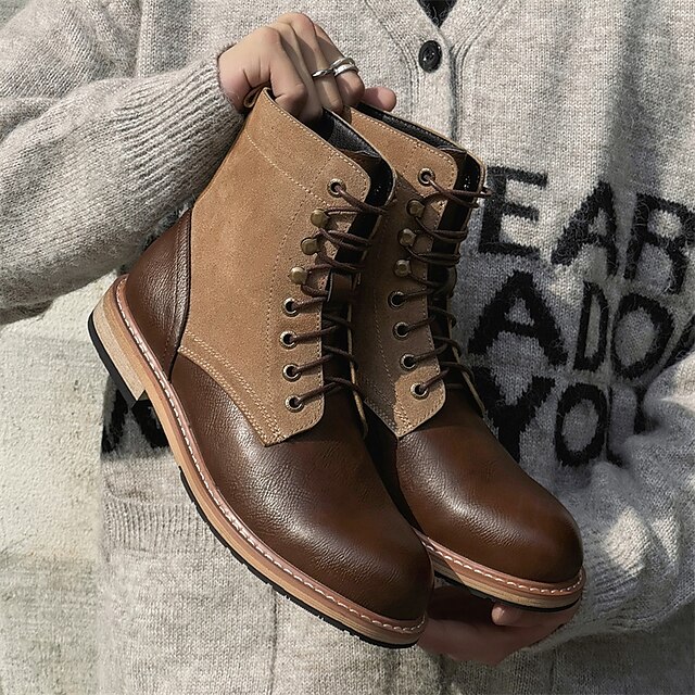  botins masculinos de dois tons com cadarço | design em couro sintético e camurça para uso casual e ao ar livre